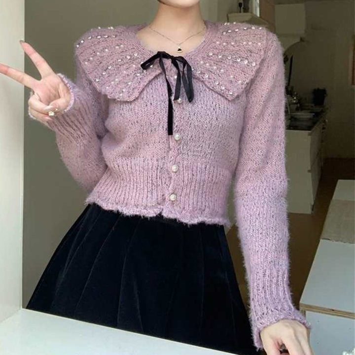 Damen Elegantes Strickoberteil mit Rüschenkragen und dekorativen Perlen Drune