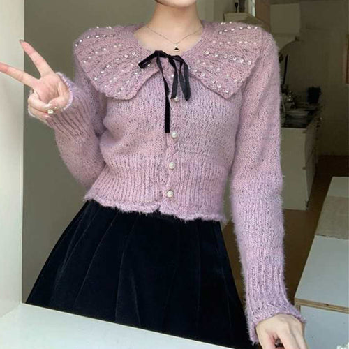 Damen Elegantes Strickoberteil mit Rüschenkragen und dekorativen Perlen Drune