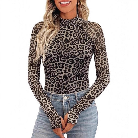 Damen Transparentes Mesh-Longsleeve mit Blumenprint und Stehkragen Drune