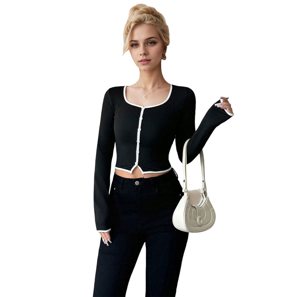 Damen cropped Langarmshirt mit feinem Knopfdesign und kontrastrierenden Saum Drune