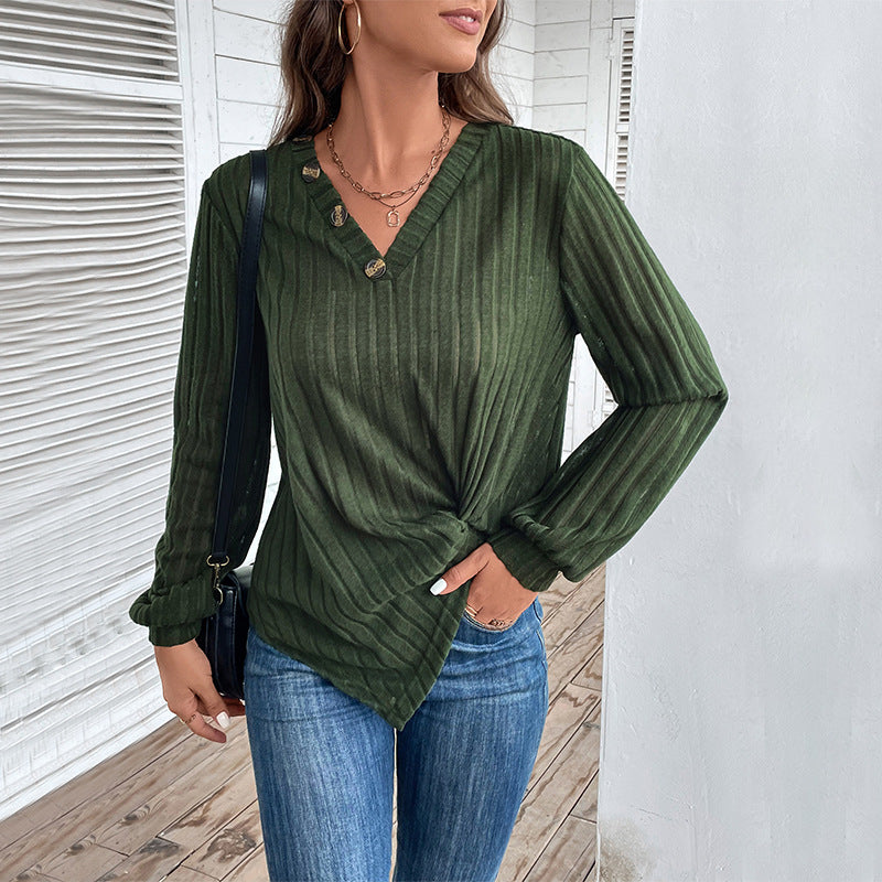 Damen Geripptes V-Ausschnitt Langarmshirt mit Twist-Knoten und Zierknöpfen Drune