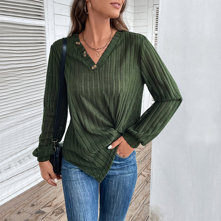 Damen Geripptes V-Ausschnitt Langarmshirt mit Twist-Knoten und Zierknöpfen Drune