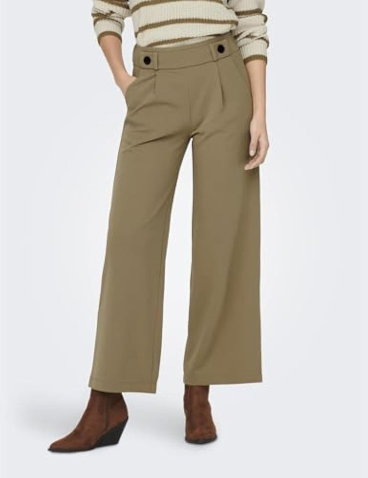 Damen High-Waist Culottehose mit Zierknopf-Bund und weitem Bein Drune