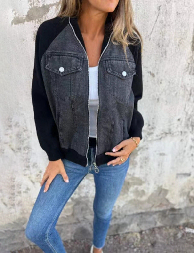 Damen nan Sweat-Jeans-Bomberjacke mit Raglanärmeln Brustklappen und Reißverschluss Drune