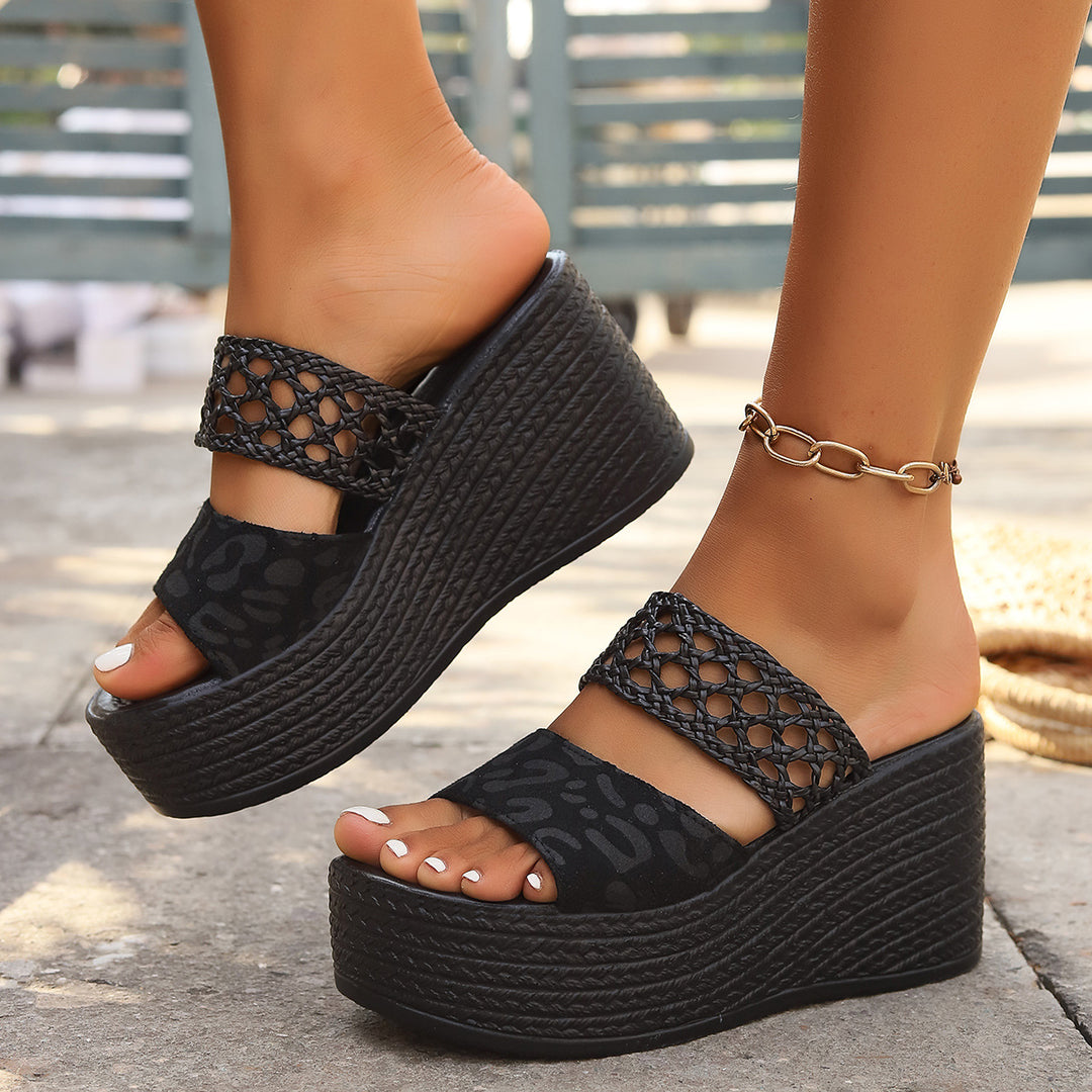 Damen nan Plateau-Pantolette mit geflochtenem Riemen Leopardenmuster-Zehentrenner und Espadrille-Keilabsatz Drune