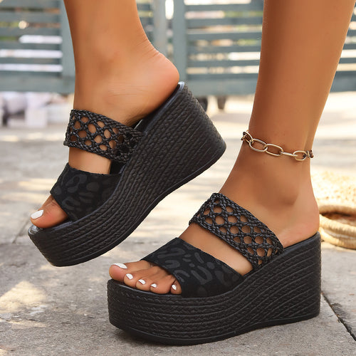 Damen nan Plateau-Pantolette mit geflochtenem Riemen Leopardenmuster-Zehentrenner und Espadrille-Keilabsatz Drune
