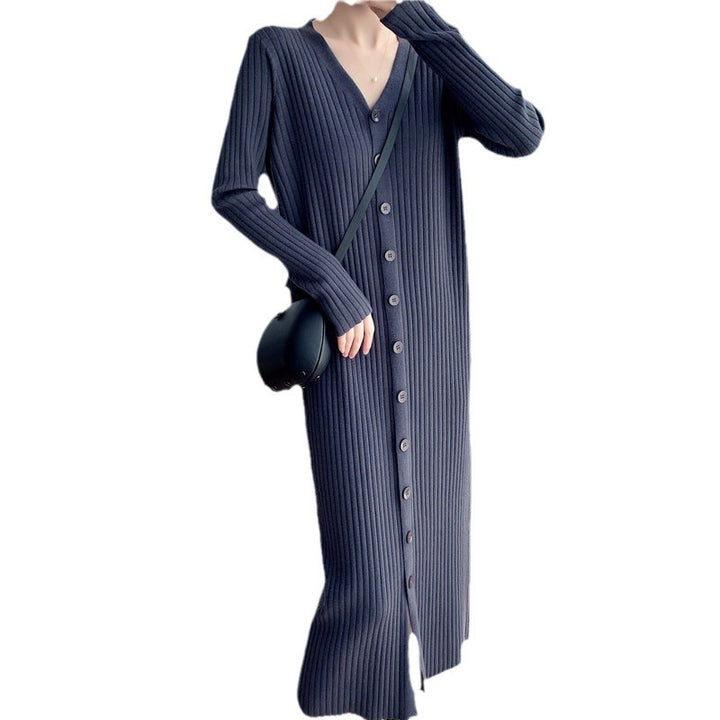 Damen Strickkleid mit tiefem V-Ausschnitt und tailliertem Gürtel Drune
