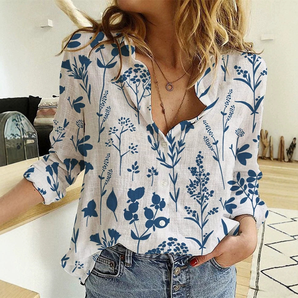Damen nan lockere Leinenoptik-Bluse mit V-Ausschnitt botanischem Alloverprint und Dreiviertelärmeln Drune