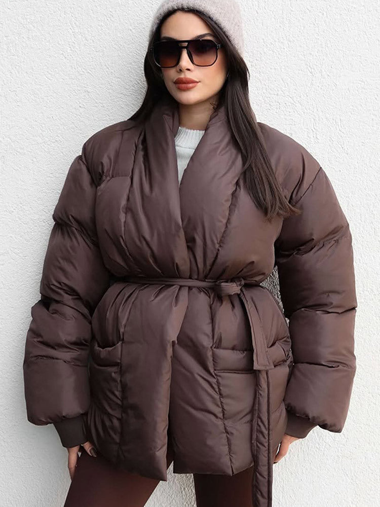 Damen Gesteppte Taillierte Steppjacke mit Schalkragen und Bindegürtel Drune