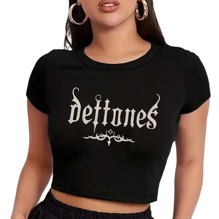 Damen Crop-T-Shirt mit animalistischem Lippenmotiv und auffälligem Schriftzug Drune