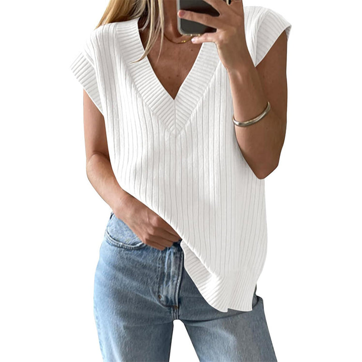 Damen lässiges V-Ausschnitt Oberteil aus Rippstrickmaterial Drune