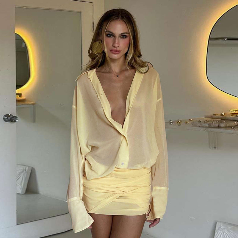 Damen Chiffon Bluse mit gerafftem Minirock Drune