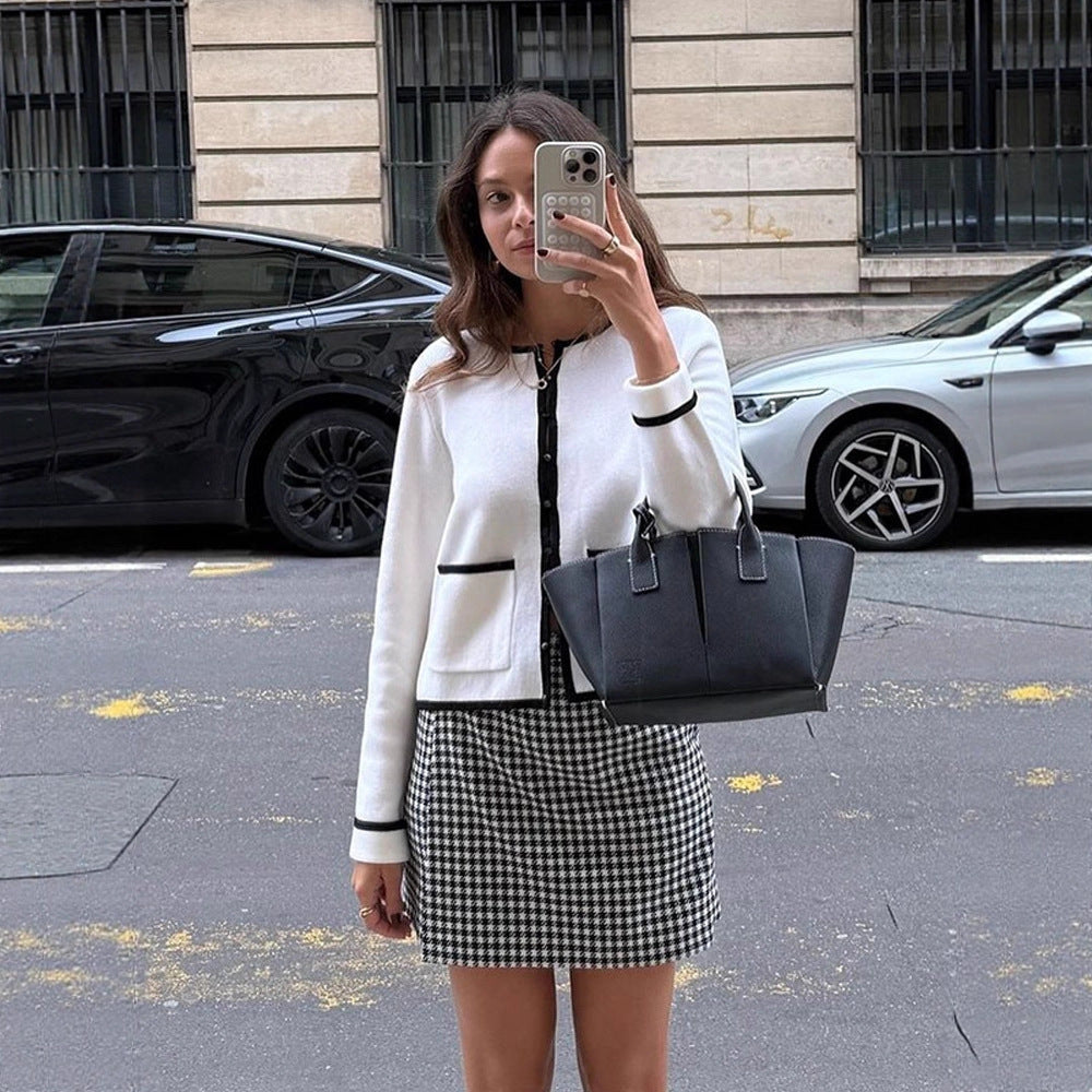 Damen Feiner Kontrast-Knopfleisten‑Cardigan mit Paspelung und aufgesetzten Taschen Drune