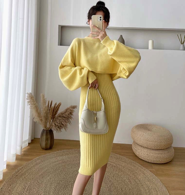 Damen elegante Strickkleid mit Ribstruktur und voluminösen Ärmeln Drune