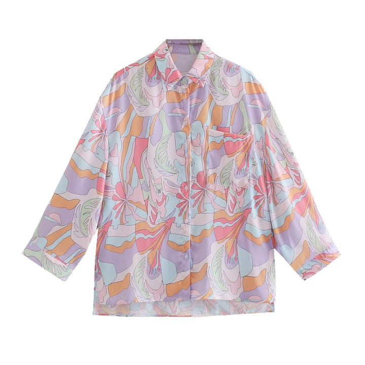 Damen Oversize-Hemdbluse mit abstraktem Allover-Print, leichtes Chiffon-Top, langärmelig Drune