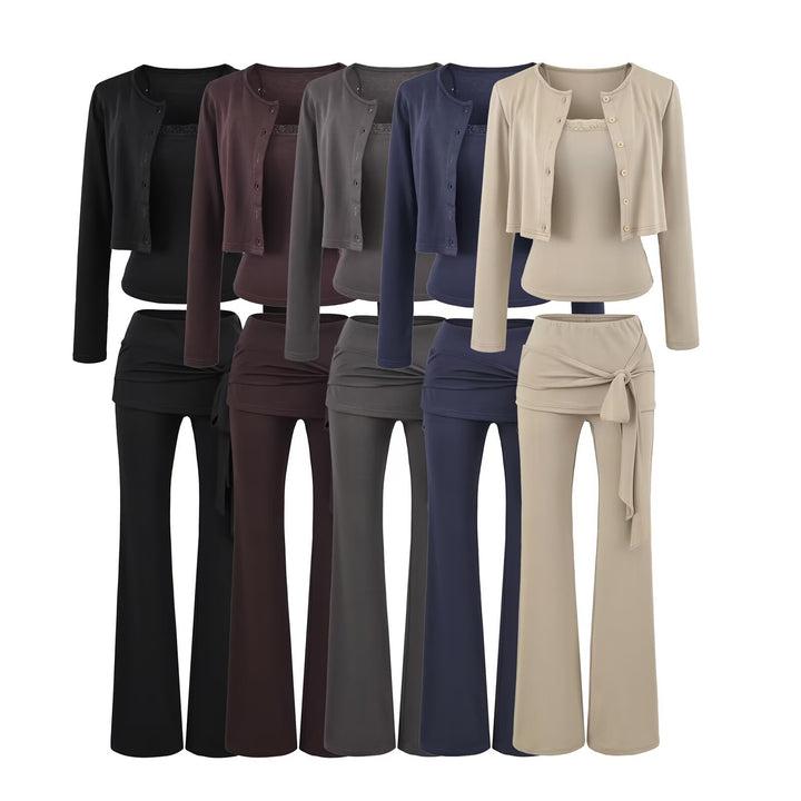 Damen dreiteiliges Lounge-Set mit kurzem Knopfcardigan, Spitzentop und Wickel-Schlaghose Drune