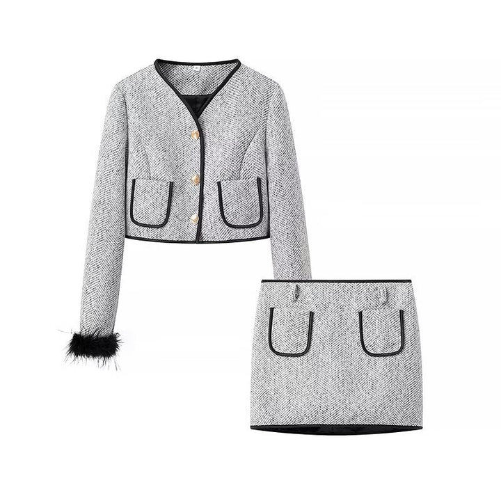 Damen Zweiteiliges Bouclé‑Tweed‑Set mit kurzem Blazer, Zierknöpfen und Minirock Drune