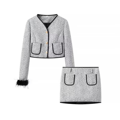 Damen Zweiteiliges Bouclé‑Tweed‑Set mit kurzem Blazer, Zierknöpfen und Minirock Drune