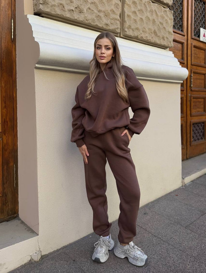 Damen Oversized-Fleece-Sweatset mit Kapuze und konisch zulaufender Jogginghose Drune