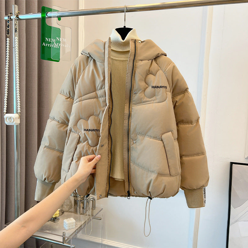 Damen Modische Kurze Daunenjacke mit Kapuze und praktischen Taschen Drune
