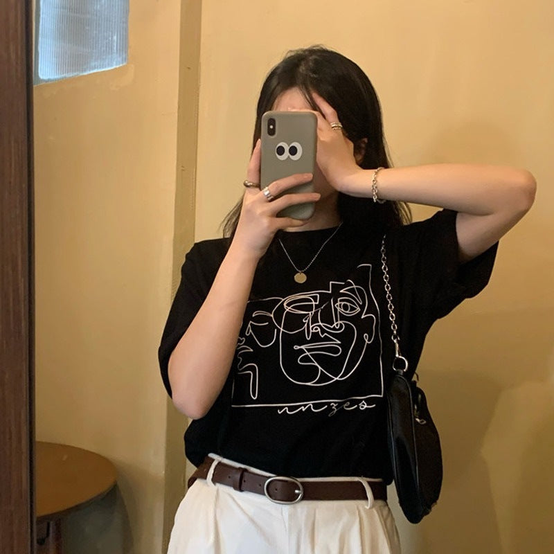 Damen Grafik T-Shirt mit modernem Linienkunst-Motiv und lässiger Passform Drune