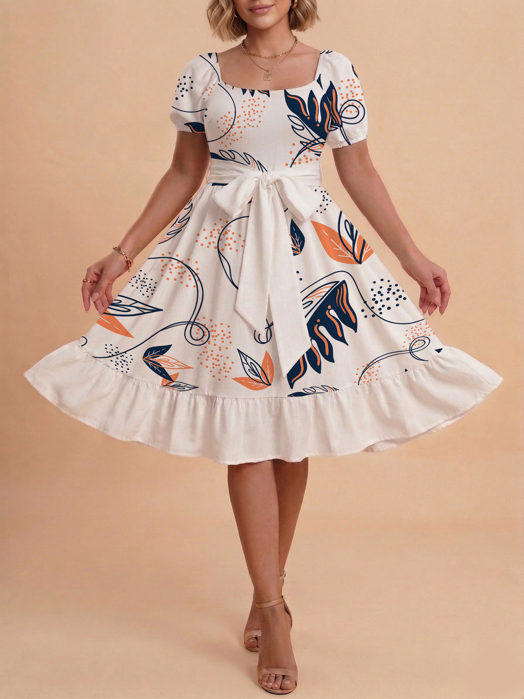 Damen Sommerliches Blumenkleid mit taillierbarem Gürtel und voluminösen Ärmeln Drune