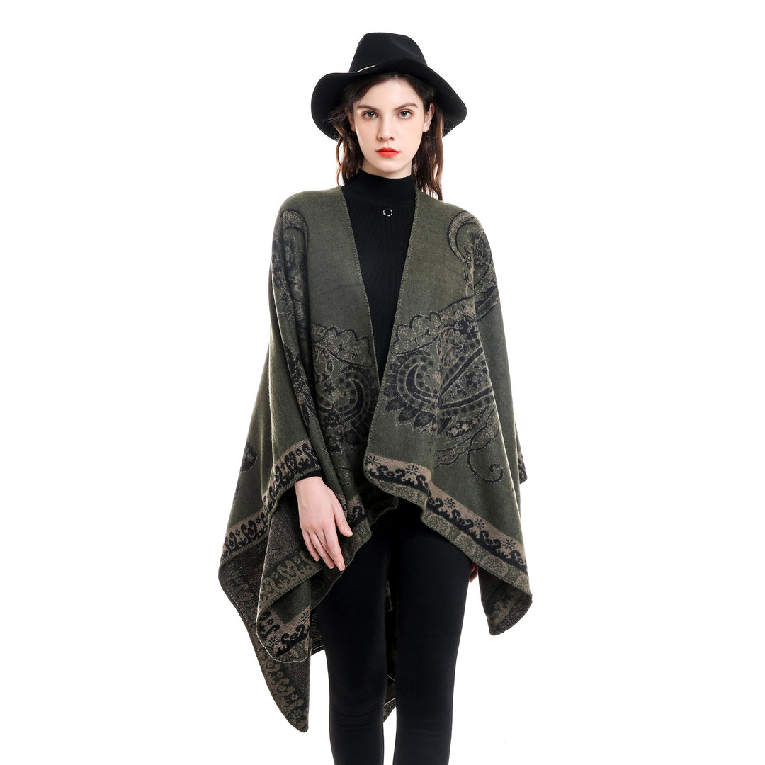 Damen Oversize Strickponcho mit Paisley-Muster und offenem Fall Drune