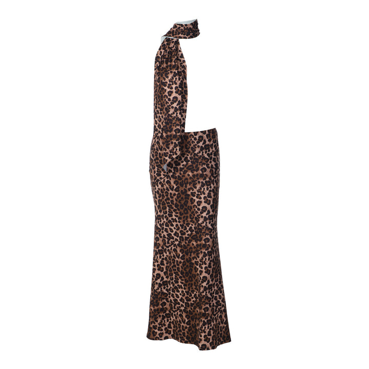 Damen Maxikleid mit trendigem Leopardenmuster und schickem Schal Drune
