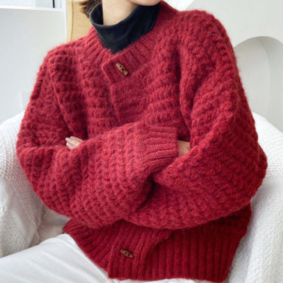 Damen Grobstrickpullover mit dekorativer Knopfleiste und wabenförmigem Muster Drune