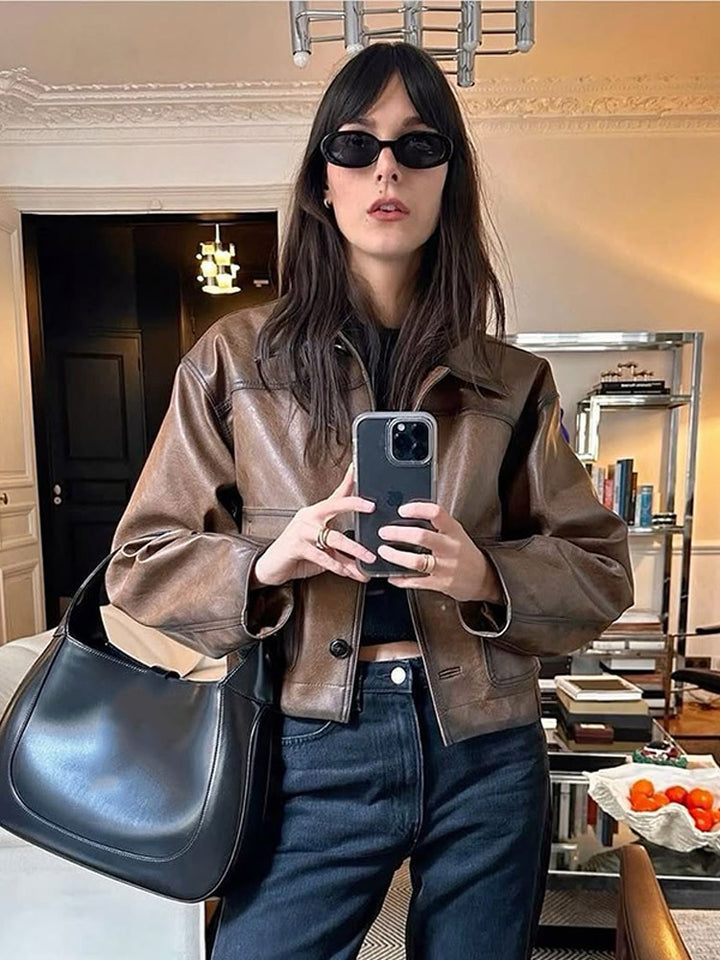Damen Kurzjacke aus veganem Leder im Cropped-Boxy-Schnitt mit Hemdkragen Drune