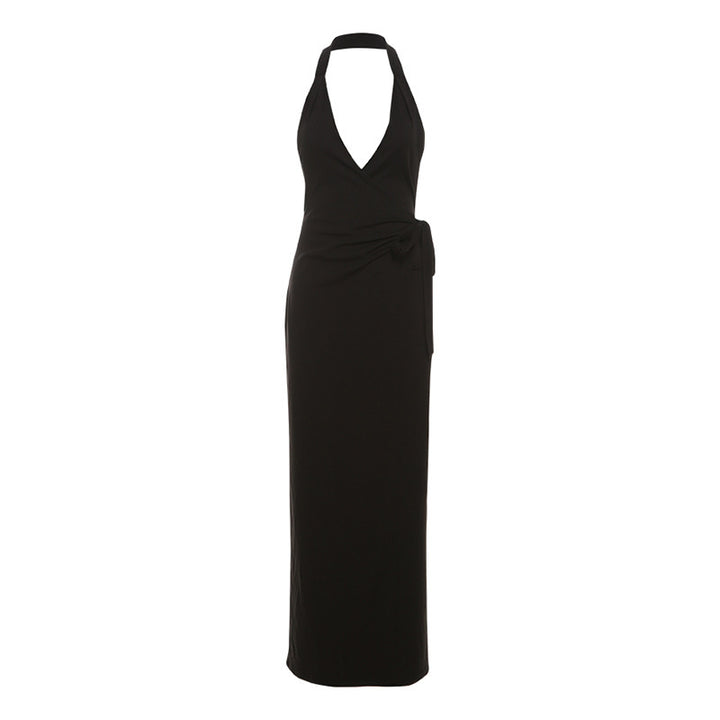 Damen Wickelmaxikleid mit tiefem V-Ausschnitt und eleganter Schleifenbindung Drune