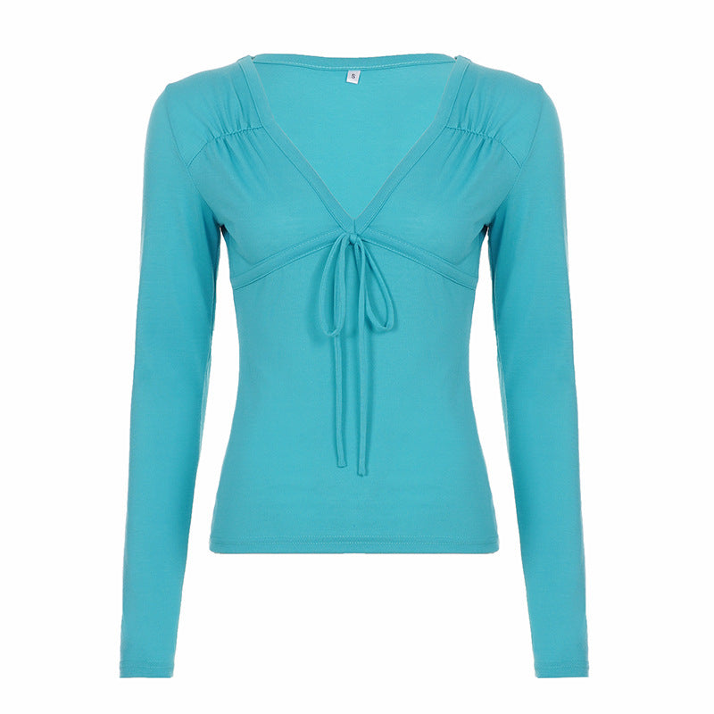 Damen Tailliertes Langarmshirt mit V-Ausschnitt, Zierknoten und geraffter Schulter Drune