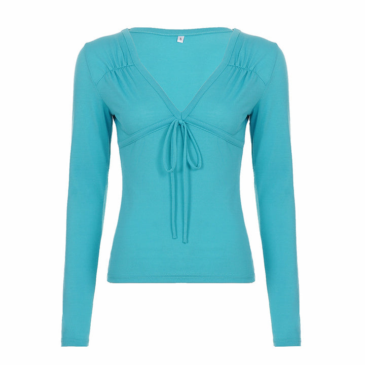 Damen Tailliertes Langarmshirt mit V-Ausschnitt, Zierknoten und geraffter Schulter Drune