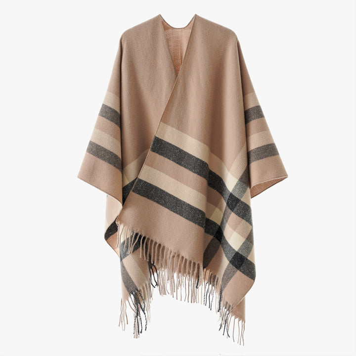 Damen Wollmix-Capeponcho im Oversize-Kimono mit Karomuster und Fransensaum Drune