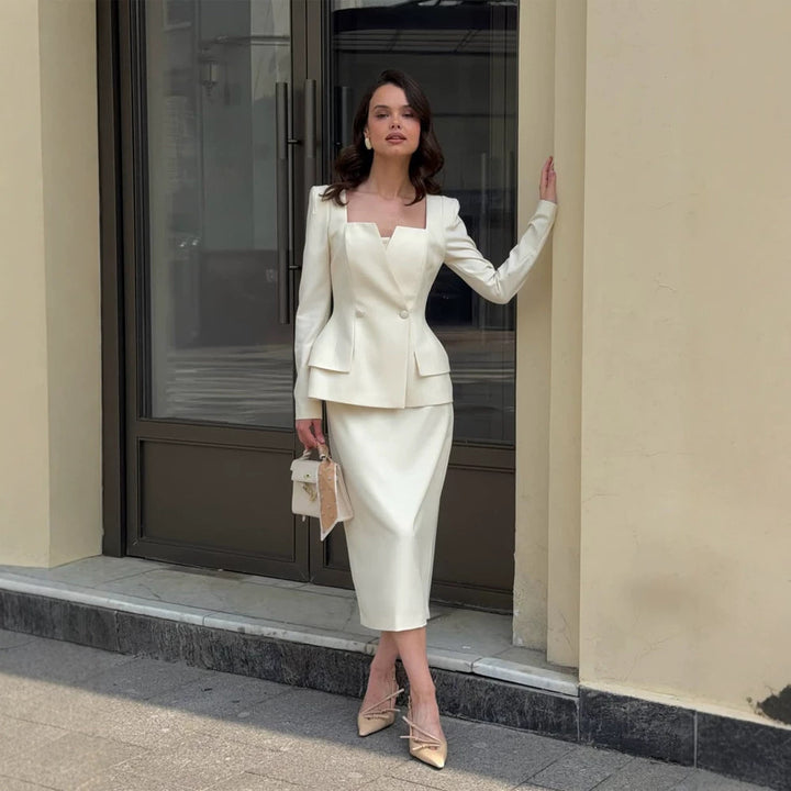 Damen Figurbetontes Tailleur‑Set mit markantem eckigem Ausschnitt und Schößchen Drune