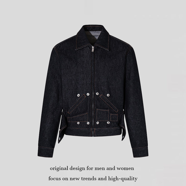 Damen Kurz geschnittene Denim-Workerjacke mit Reißverschluss, Kontrastnähten und Zierösen Drune