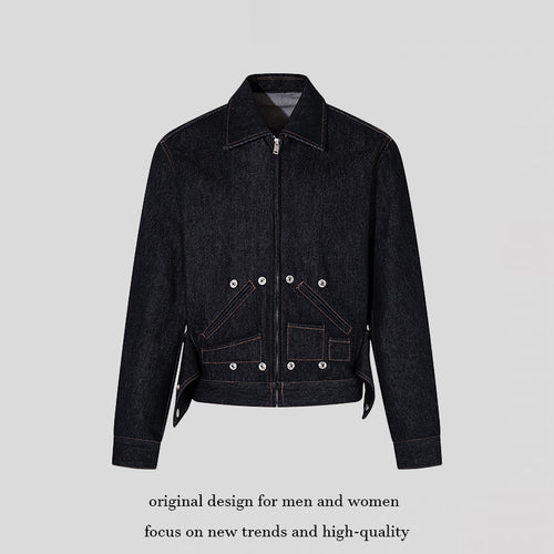Damen Kurz geschnittene Denim-Workerjacke mit Reißverschluss, Kontrastnähten und Zierösen Drune