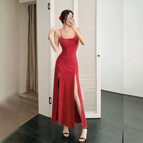 Damen Maxikleid mit zartem V-Ausschnitt und seitlichen Schlitzen Drune