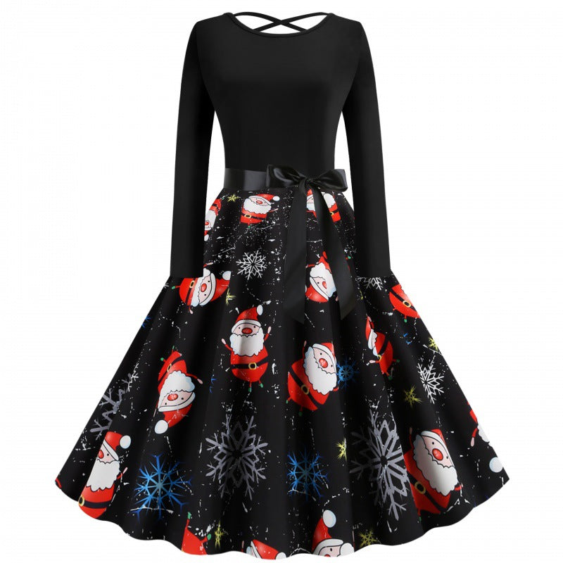 Damen Festliches Swingkleid mit Nikolausprint, tailliertem Satinband und gekreuztem Rückendetail Drune