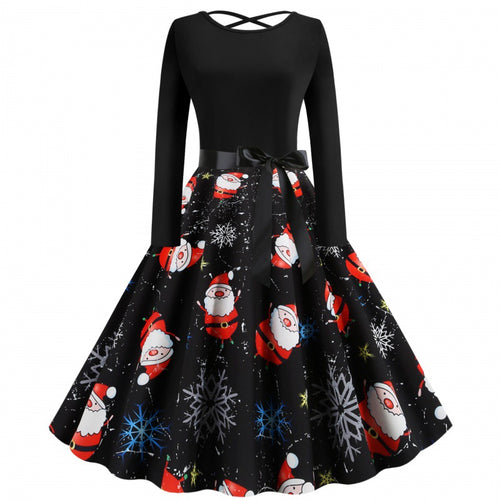 Damen Festliches Swingkleid mit Nikolausprint, tailliertem Satinband und gekreuztem Rückendetail Drune