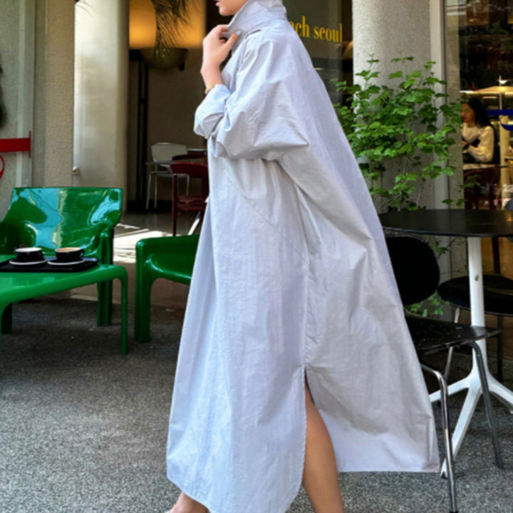 Damen Fließendes Oversize‑Hemdkleid mit Kentkragen, Kimonoärmeln und Seitenschlitzen Drune