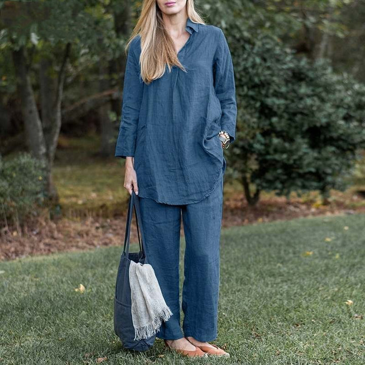 Damen Leinen-Loungewear-Set mit weitem Tunika-Hemd und lockerer Palazzo-Hose Drune