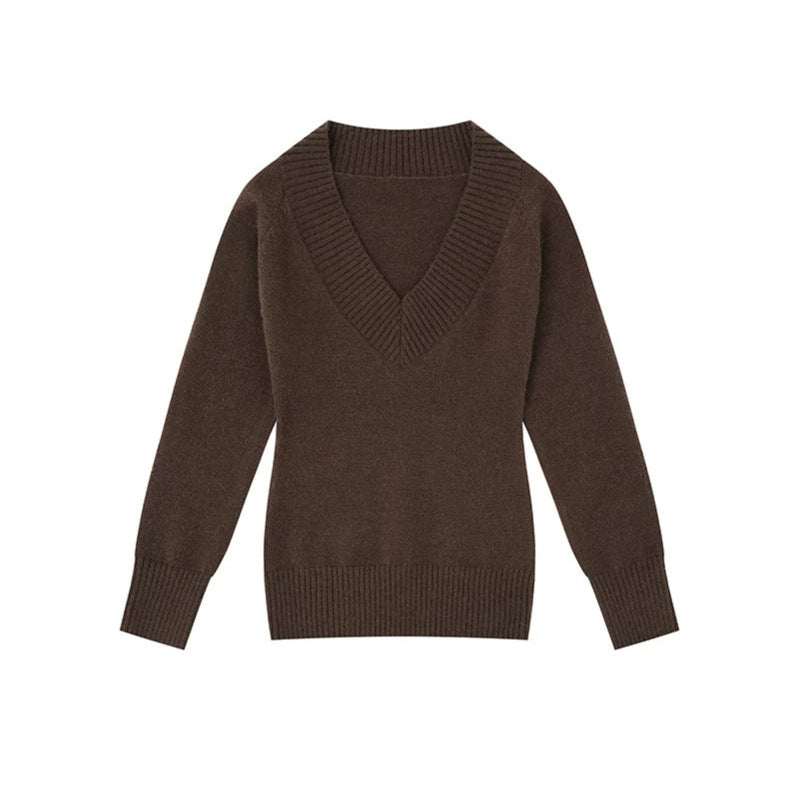 Damen Feinstrickpullover mit tiefem V-Ausschnitt, breitem Ripprand und legerer Passform Drune
