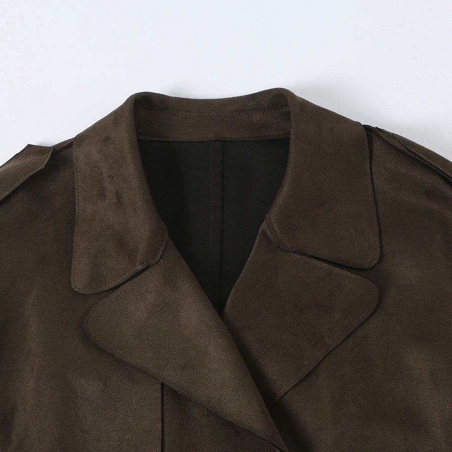 Damen Lang geschnittener Trenchcoat aus Velourslederoptik mit Bindegürtel Drune