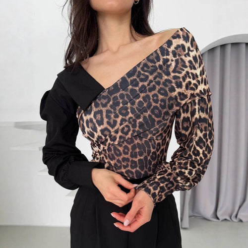 Damen Elegantes halb-schulterfreies Oberteil mit tierischem Motiv Drune