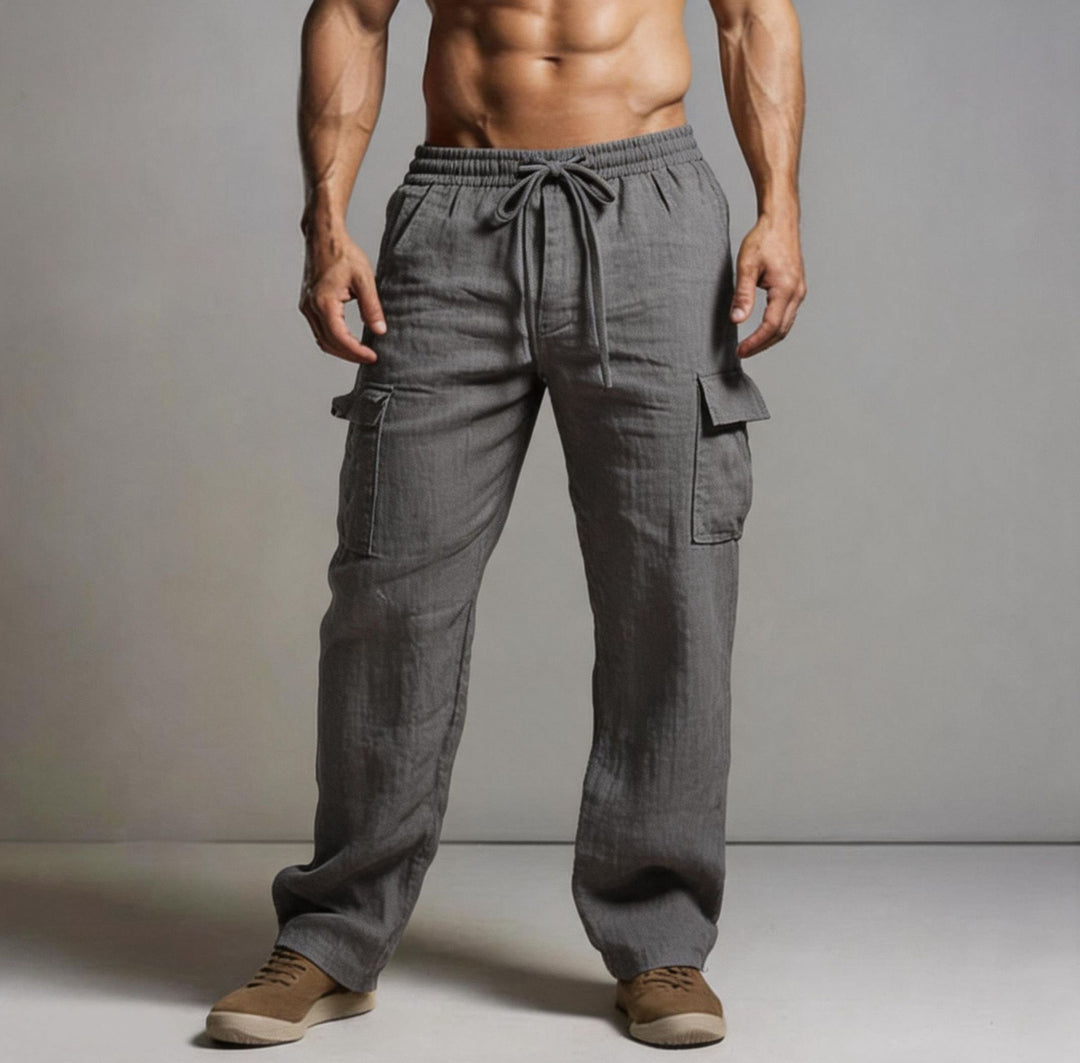 Herren leichte Leinen Cargohose mit elastischem Bund und großen Seitentaschen Drune
