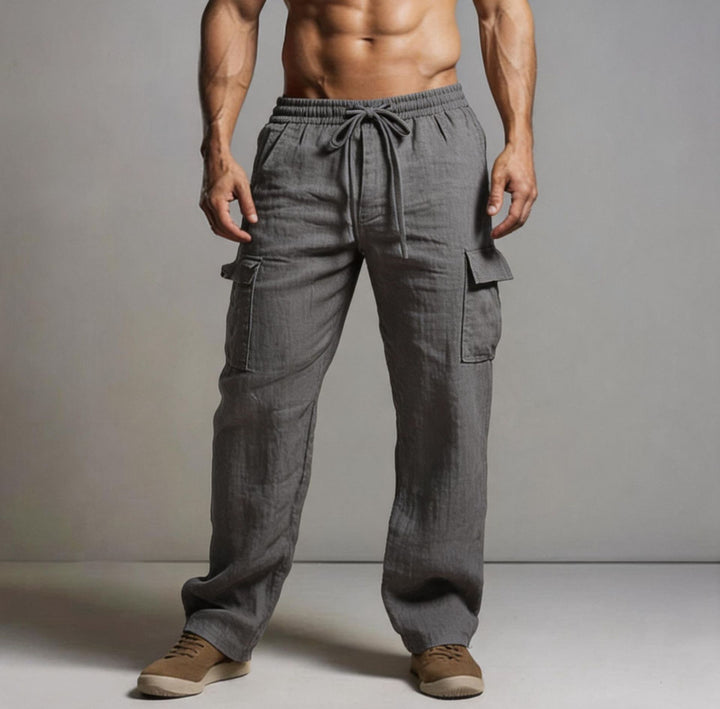 Herren leichte Leinen Cargohose mit elastischem Bund und großen Seitentaschen Drune