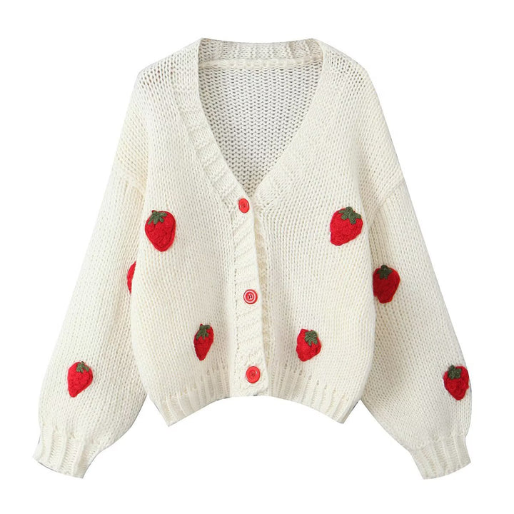 Damen Strickjacke mit Erdbeer-Motiv Drune