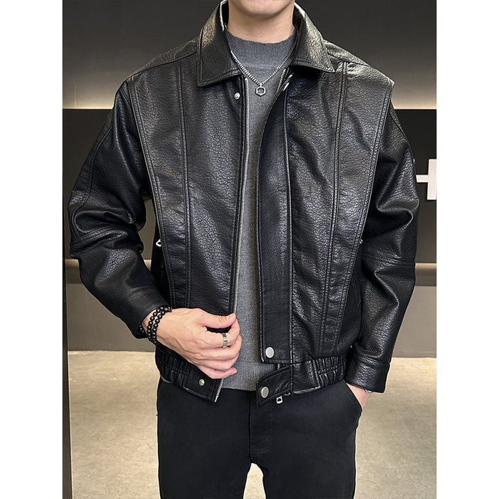 Herren Kurzer Oversized Lederimitat-Blouson mit Stehkragen, Reißverschluss und elastischem Saum Drune