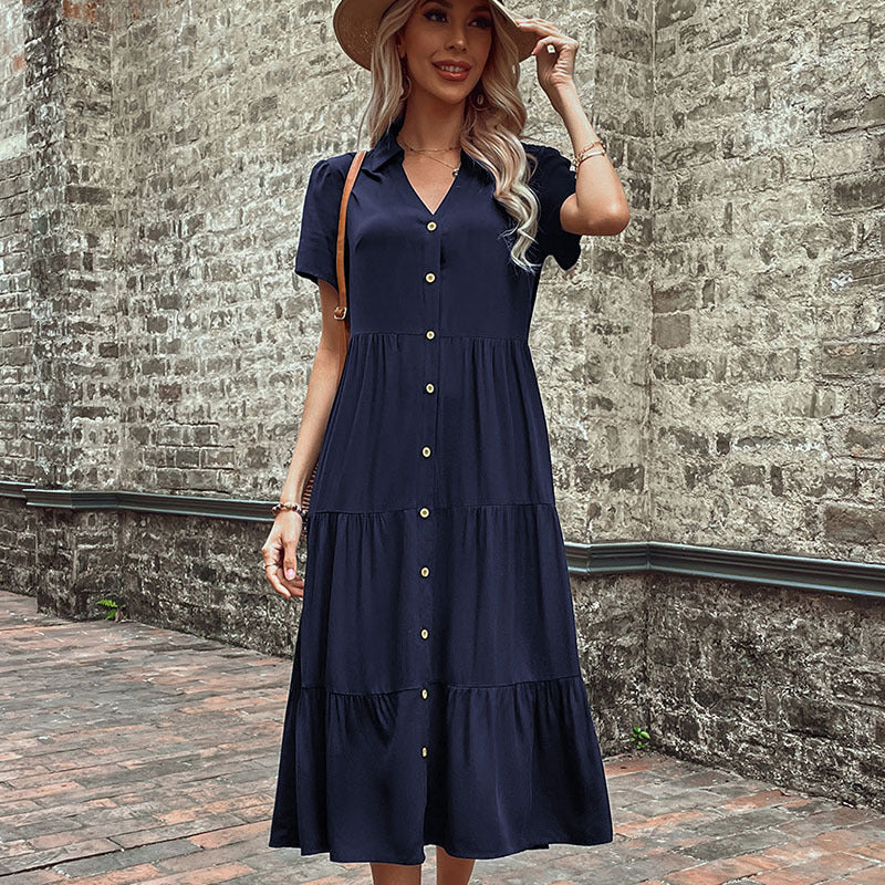Damen lässiges Maxikleid mit Knopfleiste und voluminösen Rüschen Drune